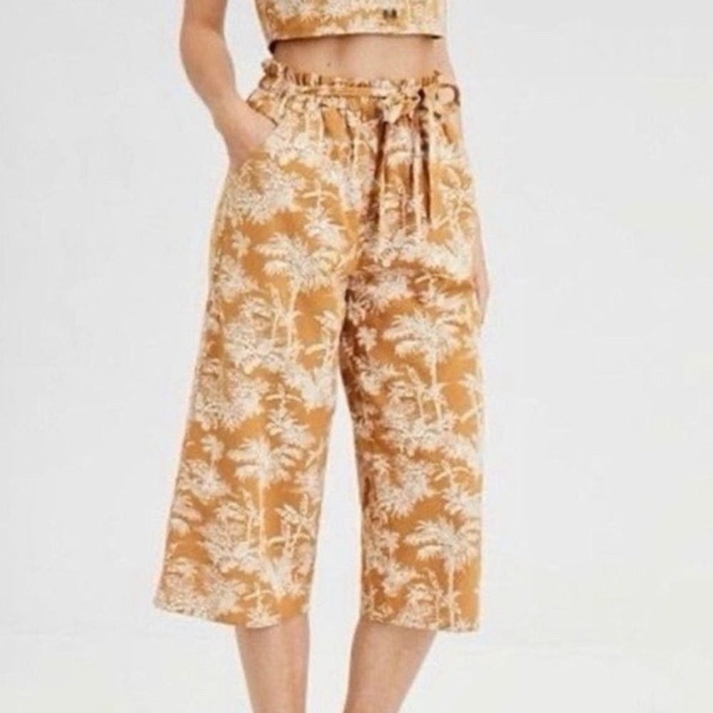 American Eagle Womens Pants Wide Leg Crop Toile Palm Trees Lined Yellow Sz. M
